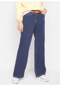 bonprix - Spodnie twillowe z szerokimi nogawkami i kontrastowymi szwami. Kolor: niebieski. Styl: elegancki