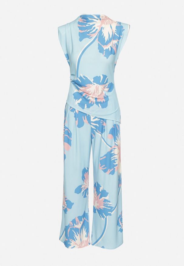 Born2be - Niebieski Komplet w Kwiaty Asymetryczna Bluzka z Marszczeniem i Szerokie Spodnie Linamia. Kolor: niebieski. Materiał: materiał. Wzór: kwiaty