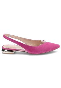 DAMISS - Różowe Sandały Damiss Eleganckie Buty Na Lato. Nosek buta: szpiczasty. Zapięcie: pasek. Kolor: różowy. Wzór: geometria. Materiał: zamsz. Sezon: lato. Obcas: na obcasie. Styl: elegancki. Wysokość obcasa: niski