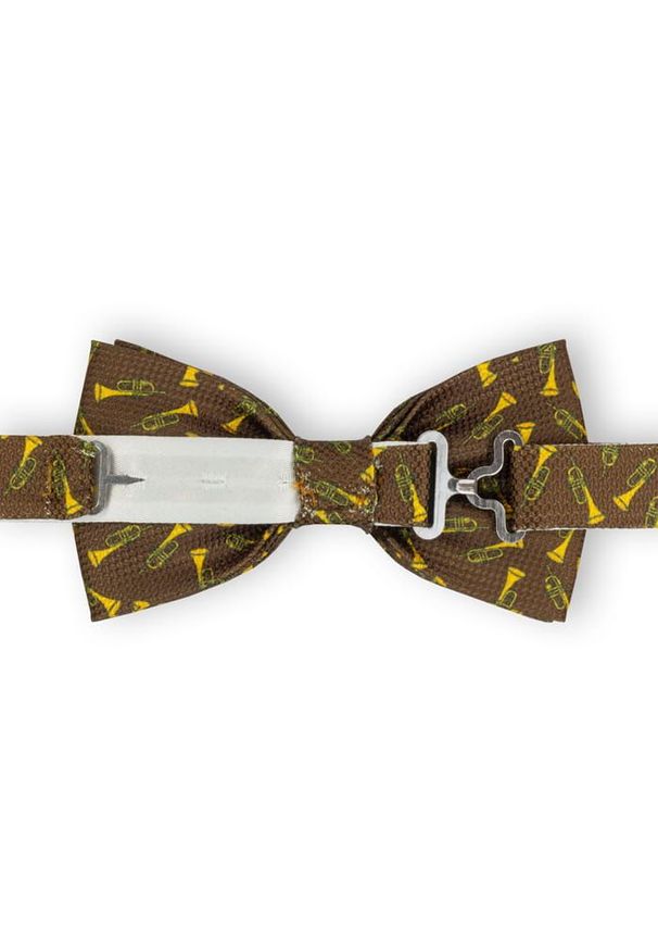 Mucha Męska, Brązowa w Złote Trąbki, Bez Poszetki -EM Men's Accessories. Kolor: żółty, wielokolorowy, brązowy, beżowy, złoty. Styl: sportowy, elegancki
