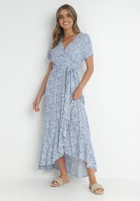 Born2be - Niebieska Sukienka o Kopertowym Kroju z Falbanami i Wiązanym Paskiem Dsson. Okazja: na co dzień. Kolor: niebieski. Typ sukienki: kopertowe. Styl: casual #4