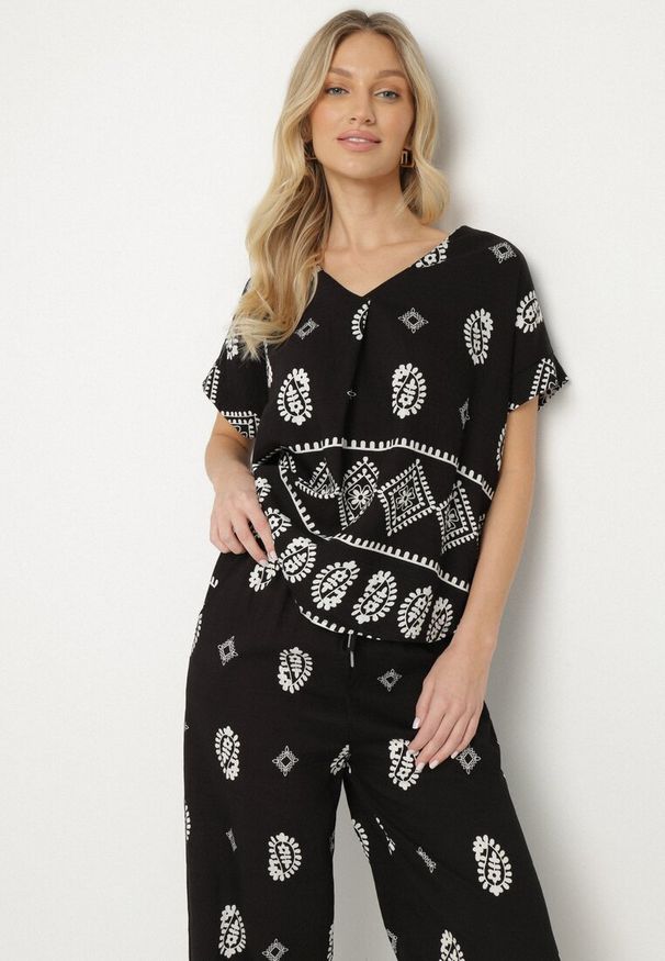 Born2be - Czarny Bawełniany Komplet Koszula i Szerokie Spodnie w Stylu Boho Ollirive. Kolor: czarny. Materiał: bawełna. Wzór: aplikacja