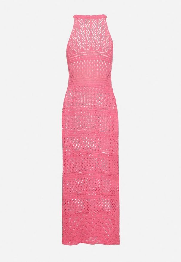 Born2be - Różowa Sukienka o Taliowanym Kroju z Ażurowej Dzianiny Tiamisse. Kolor: różowy. Materiał: dzianina. Wzór: ażurowy. Sezon: lato. Typ sukienki: oversize. Styl: elegancki
