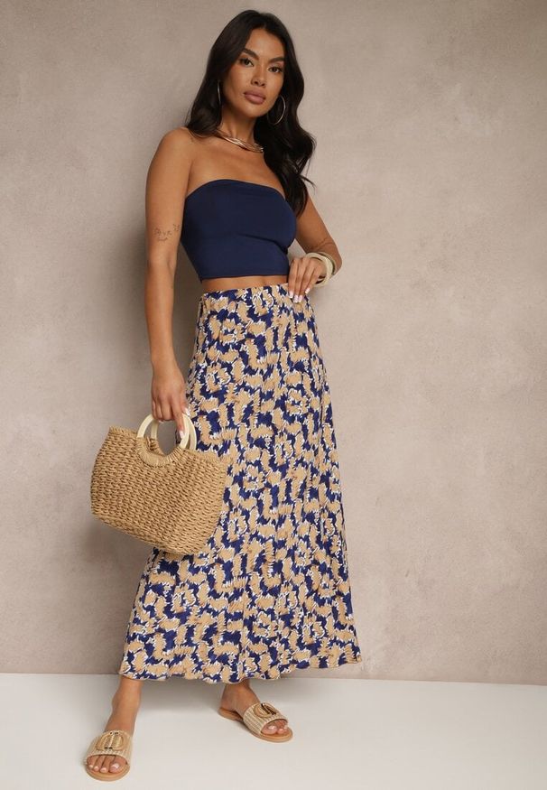 Renee - Granatowo-Beżowa Rozkloszowana Spódnica z Wiskozy High Waist Fevanice. Okazja: na co dzień. Stan: podwyższony. Kolor: niebieski. Materiał: wiskoza. Styl: elegancki, casual