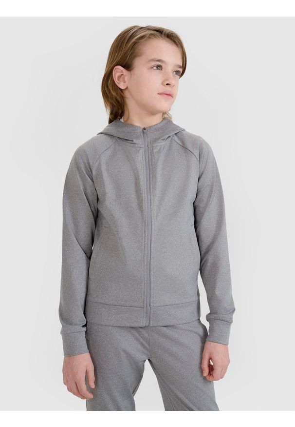 4f - 4F Bluza sportowa rozpinana z kapturem chłopięca - szara 146/152 (10-12 lat). Okazja: na co dzień. Typ kołnierza: kaptur. Kolor: szary. Materiał: dzianina, elastan, włókno, syntetyk, materiał. Długość rękawa: raglanowy rękaw. Wzór: gładki, jednolity, ze splotem. Sezon: lato. Styl: sportowy