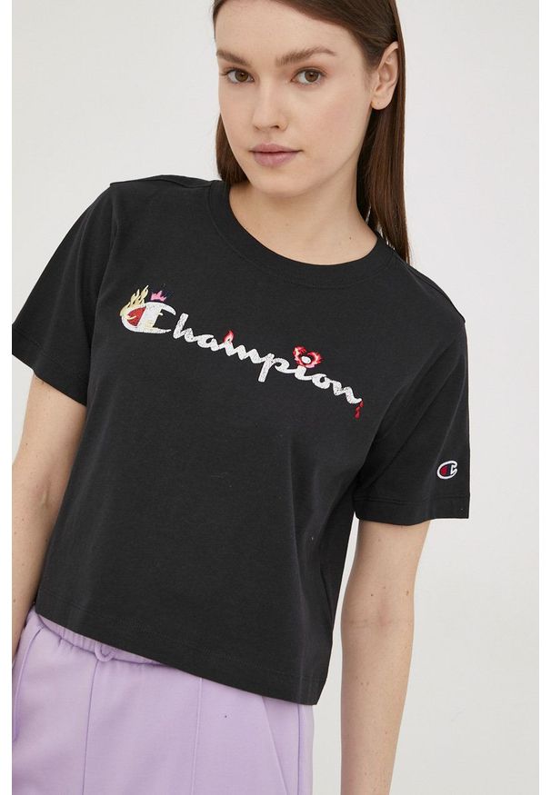 Champion t-shirt bawełniany 115045 kolor czarny. Kolor: czarny. Materiał: bawełna. Wzór: aplikacja