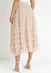 Born2be - Beżowa Rozkloszowana Spódnica Maxi z Falbankami z Tiulu Davena. Kolor: beżowy. Materiał: tiul. Wzór: aplikacja #4