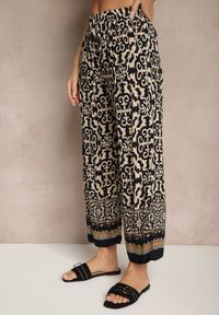Renee - Granatowe Szerokie Spodnie Culottes z Bawełny w Ornamentalny Print Lisanella. Okazja: na co dzień, na spacer. Kolor: niebieski. Materiał: bawełna. Wzór: nadruk. Styl: casual, elegancki #4
