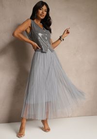 Renee - Ciemnoszara Rozkloszowana Spódnica z Tiulu w Kropki Folemia. Okazja: na co dzień. Kolor: szary. Materiał: tiul. Wzór: kropki. Styl: elegancki, casual