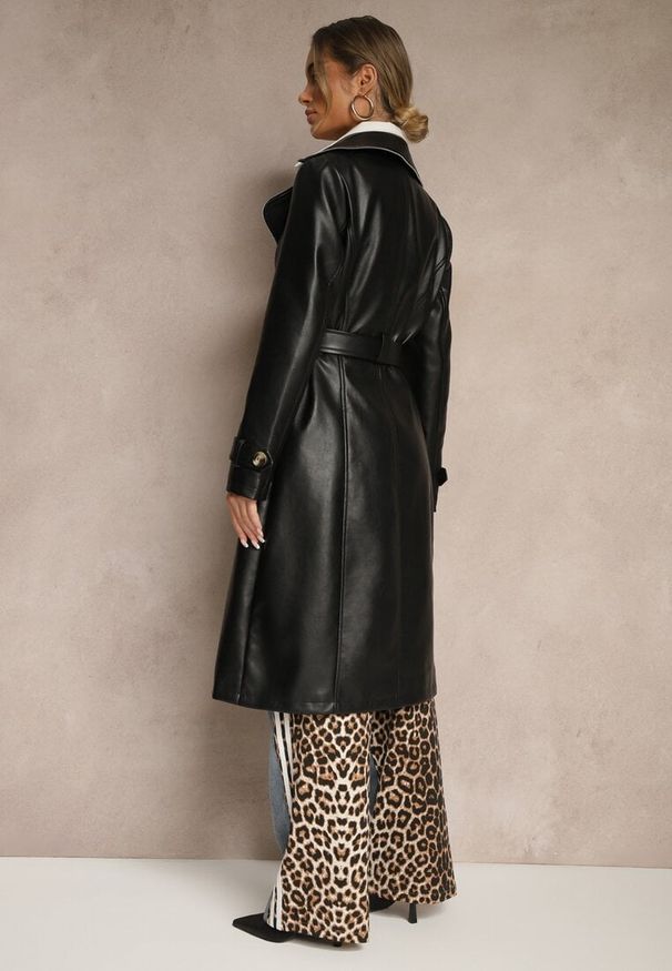 Renee - Czarny Płaszcz Trencz z Ekoskóry o Dwurzędowym Kroju z Paskiem Nilianis. Okazja: na co dzień. Kolor: czarny. Materiał: wiskoza, jeans, bawełna. Styl: elegancki, casual
