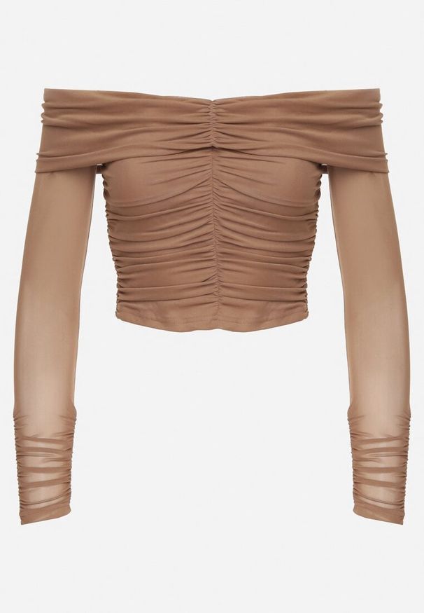 Born2be - Ciemnobeżowa Siateczkowa Bluzka VICES z Odkrytymi Ramionami Ozdobiona Marszczeniem Tuvita. Okazja: na co dzień. Kolor: beżowy. Materiał: jeans. Wzór: aplikacja. Styl: casual