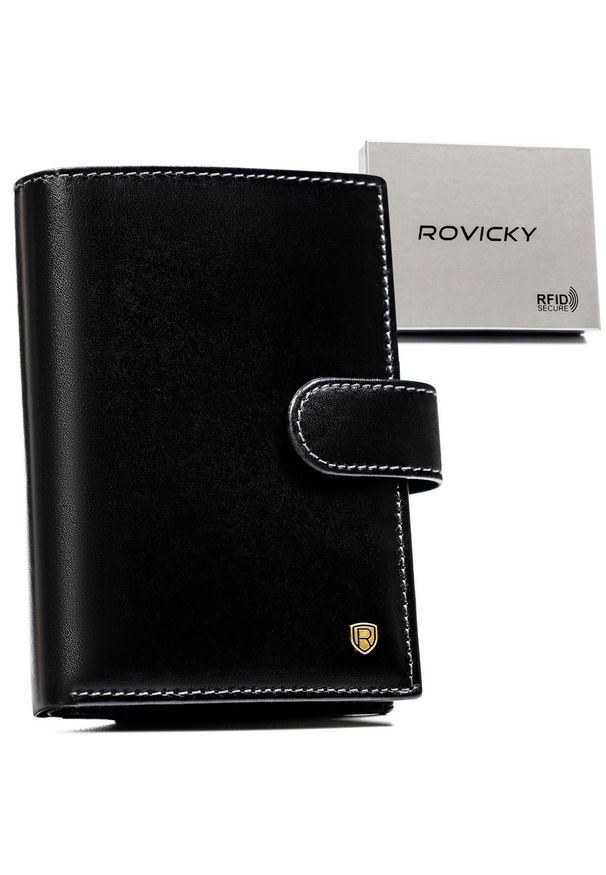 ROVICKY - Portfel skórzany Rovicky N74L-RVT czarny. Kolor: czarny. Materiał: skóra. Wzór: aplikacja