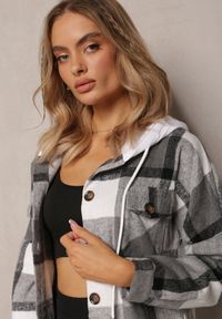 Renee - Jasnoszara Koszula Zapinana na Guziki w Kratkę z Kapturem Bivanga. Typ kołnierza: kaptur. Kolor: szary. Materiał: bawełna. Wzór: kratka #4
