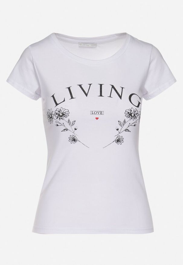 Born2be - Biały Bawełniany T-shirt z Napisem Living i Nadrukiem Commea. Okazja: na co dzień. Kolor: biały. Materiał: bawełna. Wzór: napisy, nadruk. Styl: elegancki, casual