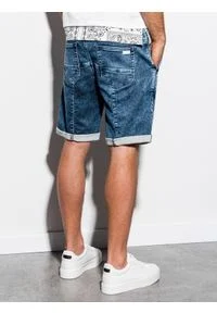 Ombre Clothing - Krótkie spodenki męskie jeansowe W219 - ciemny jeans - M. Materiał: jeans. Długość: krótkie. Wzór: aplikacja