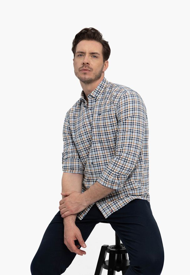 Volcano - Koszula w kratkę, Regular Fit, K-RONIN. Kolekcja: plus size. Kolor: brązowy. Materiał: materiał, bawełna. Długość rękawa: długi rękaw. Długość: długie. Wzór: kratka. Styl: elegancki, klasyczny