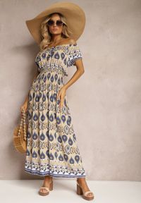 Renee - Beżowo-Niebieska Sukienka na Lato z Bawełny z Modelującą Gumką w Talii Deorna. Kolor: beżowy. Materiał: bawełna. Sezon: lato #1