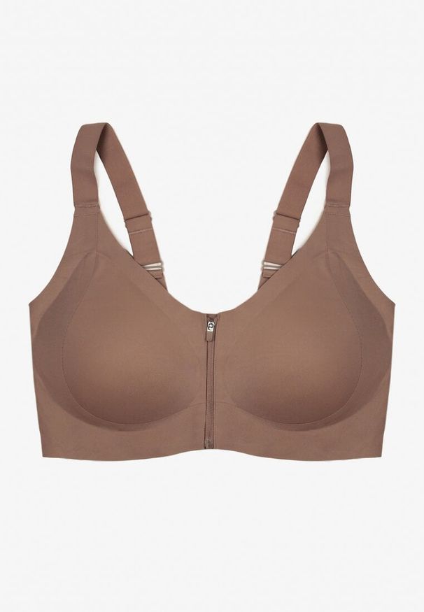 Born2be - Ciemnobeżowy Sportowy Biustonosz z Suwakiem z Przodu Eziline. Kolekcja: plus size. Kolor: beżowy. Rodzaj stanika: wyciągane miseczki