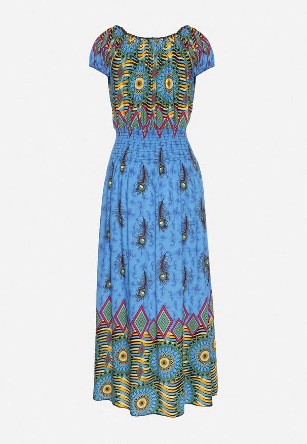 Born2be - Niebieska Bawełniana Sukienka w Etno Wzór z Gumką w Talii i Hiszpańskim Dekoltem Orose. Okazja: na co dzień. Kolor: niebieski. Materiał: bawełna. Wzór: aplikacja. Typ sukienki: proste. Styl: etno. Długość: maxi