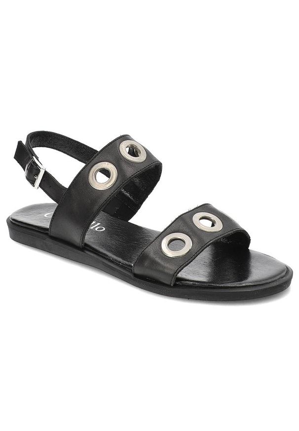 CheBello - Czarne Sandały Chebello Damskie Stylowe Obuwie. Zapięcie: pasek. Kolor: czarny. Materiał: jeans, skóra. Wzór: paski, aplikacja. Sezon: lato. Obcas: na płaskiej podeszwie. Styl: elegancki