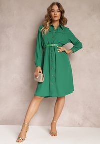 Renee - Zielona Koszulowa Sukienka z Gumką w Talii i Paskiem z Klamerką Jenele. Kolor: zielony. Materiał: skóra. Typ sukienki: koszulowe #3