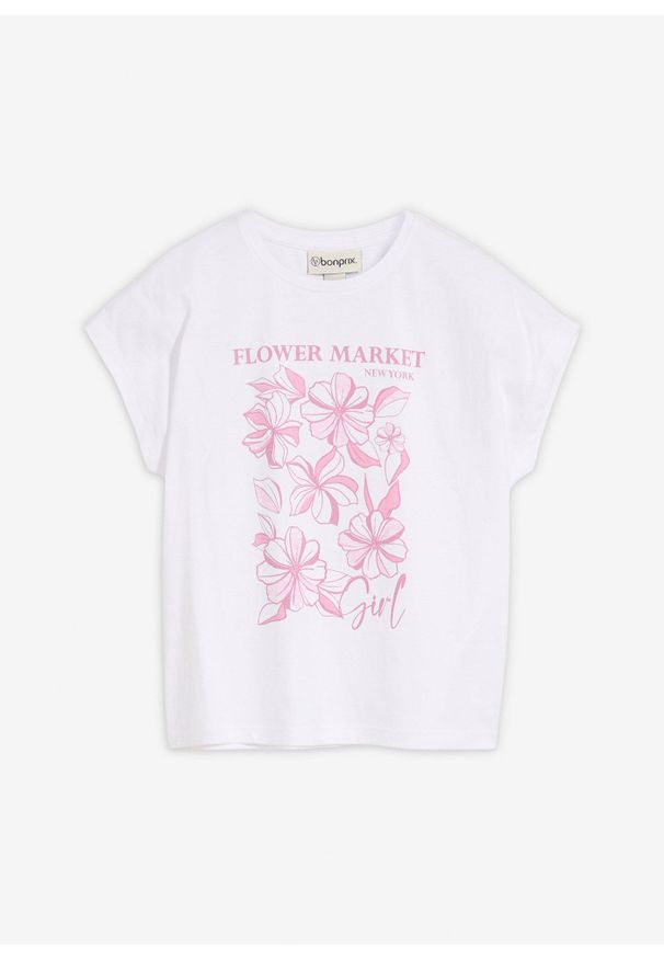 bonprix - T-shirt z czystej bawełny organicznej. Kolor: biały. Materiał: bawełna. Wzór: nadruk