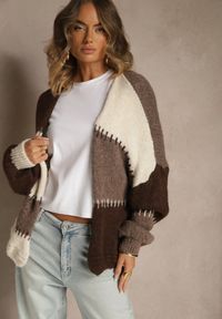 Renee - Beżowy Kardigan z Domieszką Wełny i Wiskozy w Patchworkowym Stylu Fesolinne. Okazja: na spacer. Kolor: beżowy. Materiał: wełna, wiskoza