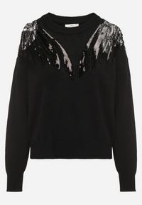 Born2be - Czarny Sweter z Siateczkowymi Wstawkami z Cekinami Perełkami i Koralikami Evoriana. Okazja: na co dzień. Kolor: czarny. Materiał: jeans. Styl: glamour, elegancki, casual