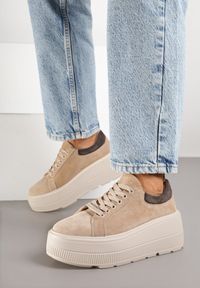 Born2be - Beżowe Zamszowe Sneakersy na Grubej Podeszwie Latella. Okazja: na co dzień. Kolor: beżowy. Materiał: zamsz #5