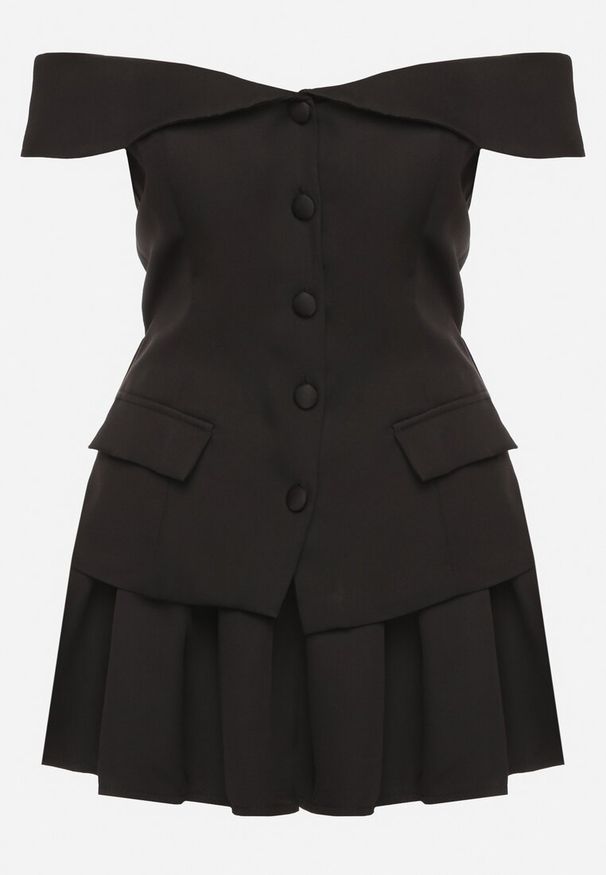 Born2be - Czarny Komplet Spódnica i Bluzka Hiszpanka z Guzikami i Imitacją Kieszeni Salendrea. Kolor: czarny. Materiał: jeans