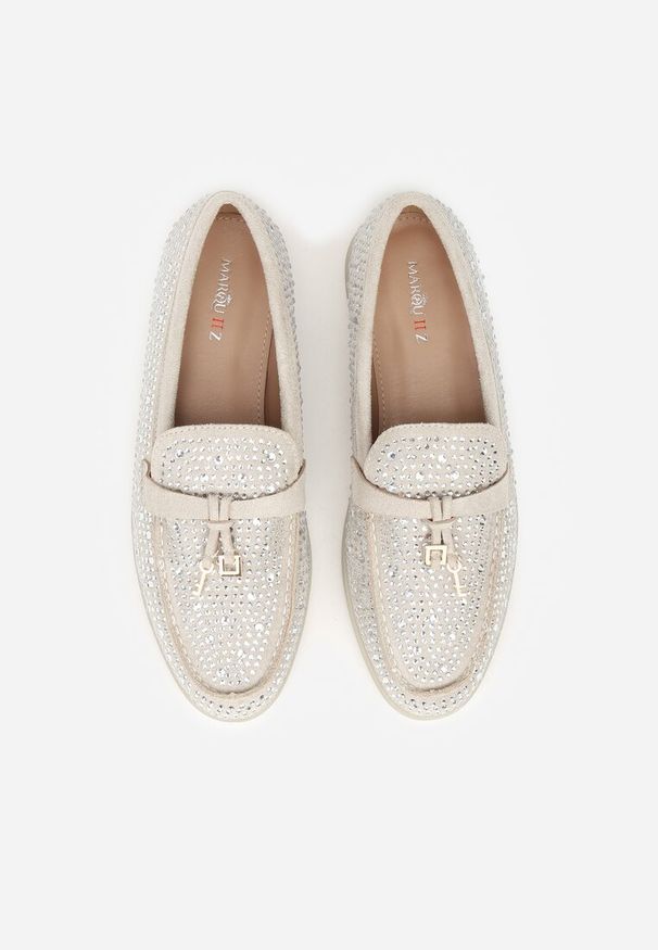 Renee - Szare Mokasyny z Cyrkoniami i Ozdobami Distantsteam. Okazja: na co dzień. Kolor: szary. Wzór: aplikacja. Styl: glamour, casual