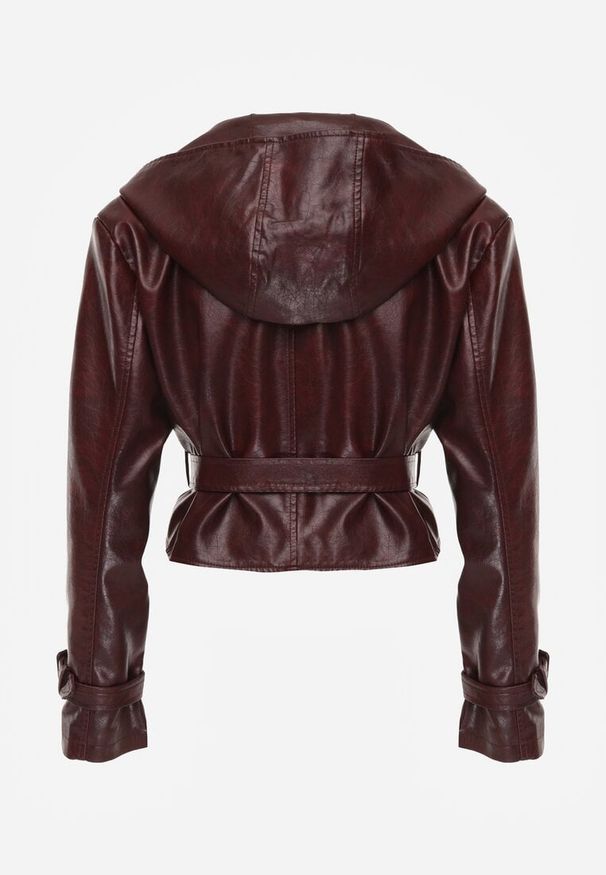 Renee - Bordowa Kurtka z Ekoskóry o Krótkim Kroju w Stylu Trencza z Paskiem i Kapturem Nilassiela. Okazja: na co dzień. Kolor: czerwony. Materiał: bawełna. Długość: krótkie. Wzór: paski. Styl: casual