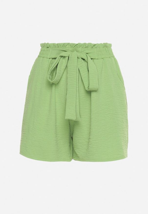 Born2be - Zielone Luźne Szorty z Wysokim Stanem i Gumką w Pasie z Troczkiem do Regulacji Tiamatis. Okazja: na spacer. Stan: podwyższony. Kolor: zielony. Sezon: lato. Styl: elegancki