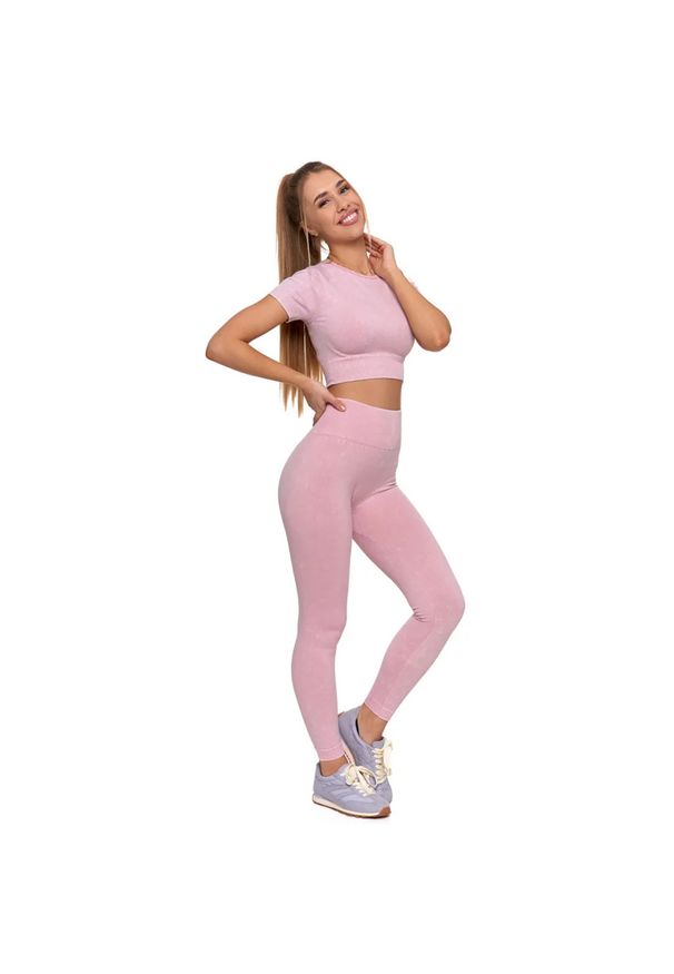 Różowy Damski Komplet Top+Legginsy Moraj. Okazja: na co dzień. Kolor: różowy. Materiał: materiał. Długość rękawa: krótki rękaw. Długość: krótkie. Styl: casual, elegancki, sportowy