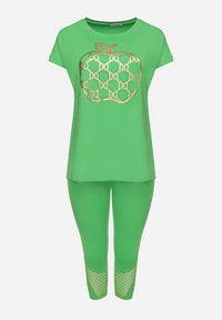 Born2be - Zielony Bawełniany Komplet w Sportowo-Casualowy Legginsy T-shirt z Nadrukiem Celka. Kolor: zielony. Materiał: bawełna. Wzór: nadruk #7