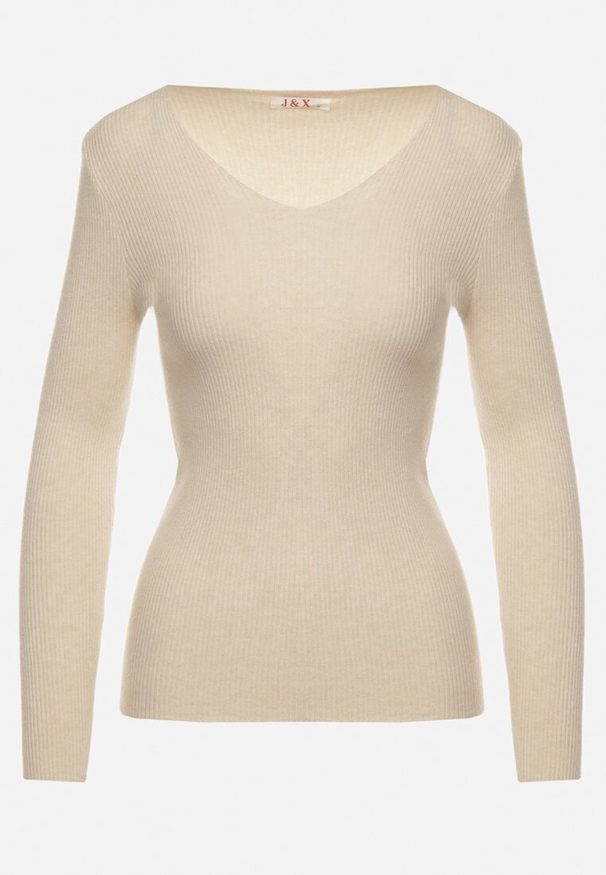 Born2be - Jasnobeżowy Dopasowany Sweter z Prążkowanej Dzianiny z Bawełną z Dekoltem w Serek Tesma. Okazja: na co dzień. Typ kołnierza: dekolt w serek. Kolor: beżowy. Materiał: dzianina, bawełna, prążkowany. Długość rękawa: długi rękaw. Długość: długie. Styl: casual, elegancki