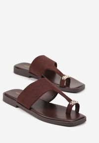 Renee - Brązowe Klapki Vices Japonki z Metaliczną Ozdobą Arhelia. Okazja: na plażę. Kolor: brązowy. Wzór: aplikacja. Sezon: lato. Styl: elegancki #6