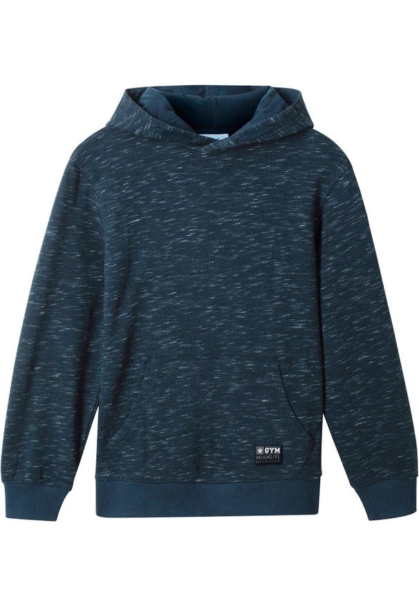 bonprix - Bluza z kapturem z miękkiej mieszanki bawełny. Okazja: na uczelnię. Typ kołnierza: kaptur. Kolor: niebieski. Materiał: bawełna. Wzór: melanż. Styl: sportowy
