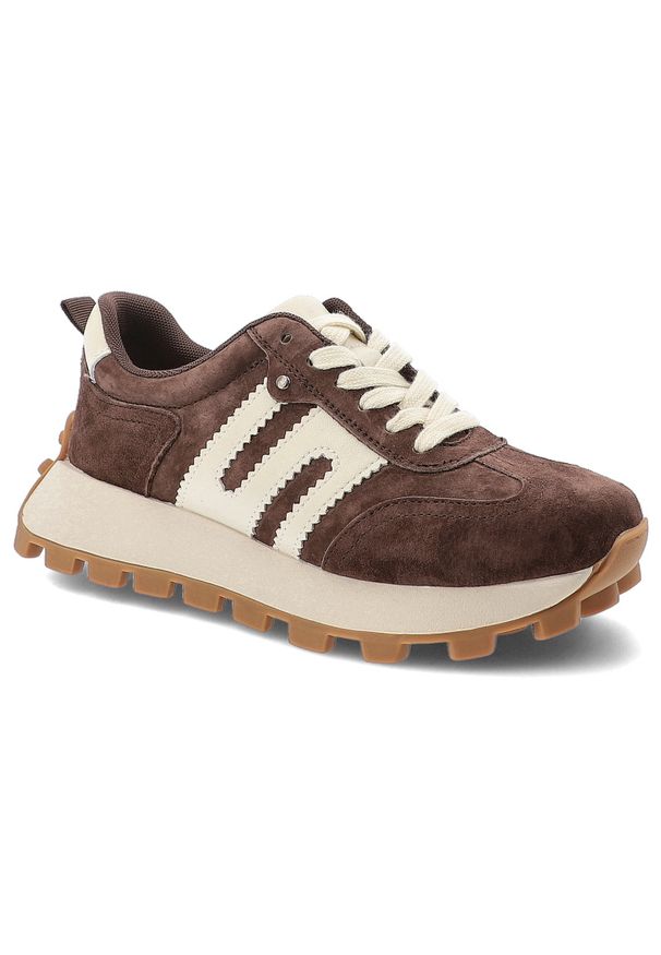 Sneakersy damskie Filippo naturalna skóra zamszowa, klasyczne sznurowanie, kontrastowe wstawki, gruba podeszwa z bieżnikiem, styl sportowo-casualowy. Okazja: na co dzień. Zapięcie: sznurówki. Kolor: brązowy. Materiał: skóra, zamsz. Styl: klasyczny, casual, sportowy