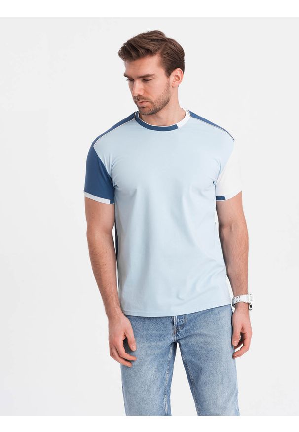 Ombre Clothing - Męski t-shirt z elastanem z kolorowymi rękawami - niebieski V2 OM-TSCT-0176 - L. Okazja: na co dzień. Kolor: niebieski. Materiał: elastan. Wzór: kolorowy. Styl: klasyczny, casual
