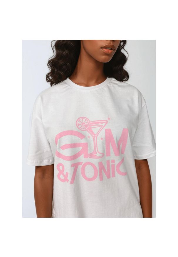 BESHAPED - Biały T-shirt Damski - Gym & Tonic BeShaped. Kolor: różowy. Materiał: bawełna