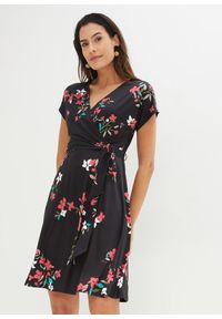 bonprix - Sukienka z dżerseju z efektem założenia kopertowego. Kolor: czarny. Materiał: jersey. Wzór: nadruk. Typ sukienki: dopasowane, kopertowe #1