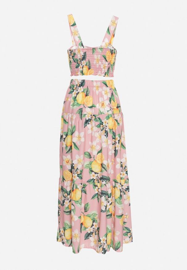 Born2be - Różowy Komplet Top na Ramiączkach i Rozkloszowana Spódnica Madelein. Kolor: różowy. Wzór: aplikacja, kwiaty