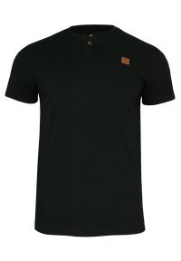 Czarny T-shirt Męski, Krótki Rękaw -Just Yuppi- Koszulka z Logo, z Guzikiem, Gładka. Okazja: na co dzień. Kolor: czarny. Materiał: bawełna. Długość rękawa: krótki rękaw. Długość: krótkie. Wzór: gładki. Styl: casual #1