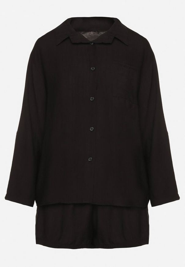 Born2be - Czarny Komplet z Wiskozy Koszula z Długim Rękawem i Szorty z Gumką w Pasie Efralice. Kolor: czarny. Materiał: wiskoza