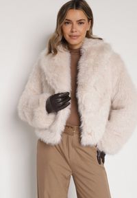 Born2be - Beżowa Kurtka Futrzana z Ozdobnym Kołnierzem Wedoria. Okazja: na co dzień. Kolor: beżowy. Materiał: futro. Styl: casual #6