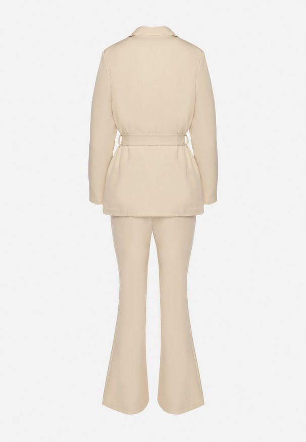 Born2be - Beżowy Komplet Garniturowy Marynarka z Wiązanym Paskiem i Spodnie Falloria. Kolor: beżowy