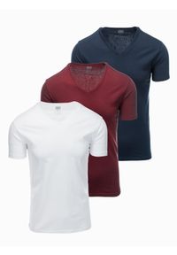 Ombre Clothing - Zestaw męskich koszulek bawełnianych V-neck BASIC – biały/granatowy/bordowy V13 OM-TSBS-0233 - XXL. Typ kołnierza: dekolt w serek. Kolor: czerwony. Materiał: bawełna