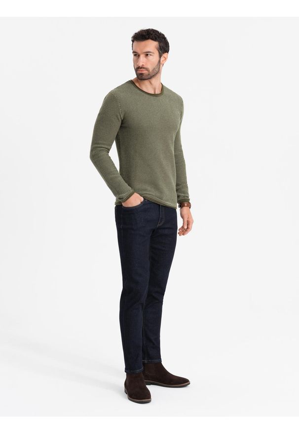 Ombre Clothing - Dzianinowy męski sweter w strukturalne kropki – oliwkowy V2 OM-SWSW-0118 - XXL. Okazja: na co dzień. Kolor: oliwkowy. Materiał: dzianina. Wzór: kropki. Styl: casual