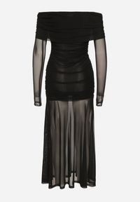 Born2be - Czarna Taliowana Sukienka Typu Hiszpanka z Transparentnymi Wstawkami Halacia. Typ kołnierza: dekolt hiszpanka. Kolor: czarny. Styl: elegancki